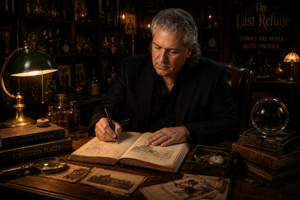 Mike Lamp writes in a journal surrounded by unusual artifacts, photographs, and collected curiosities inside The Last Refuge, a limited autumn theatrical production.