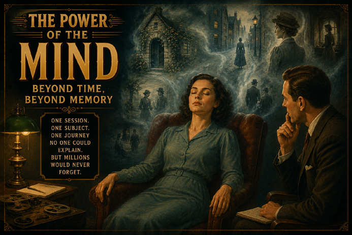 Woman experiencing a hypnosis session surrounded by symbolic memories from another era.