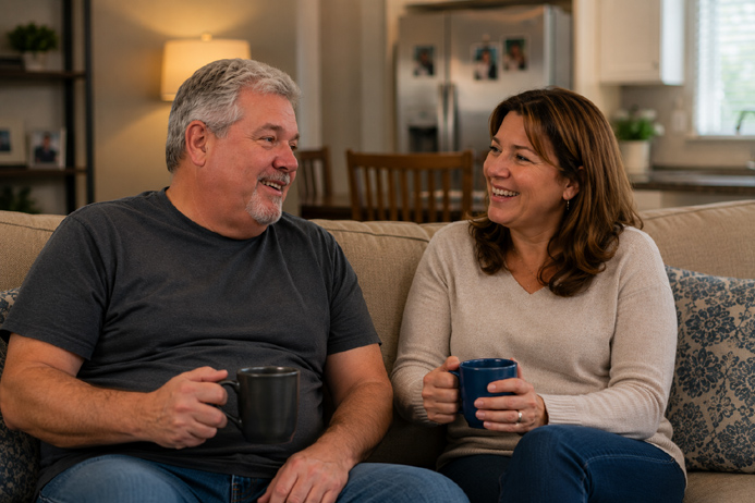 Couple enjoying a relaxed conversation after addressing concerns about can hypnosis stop nagging