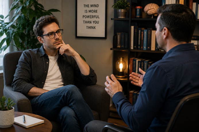Analytical client discussing hypnosis with a professional before a session begins.