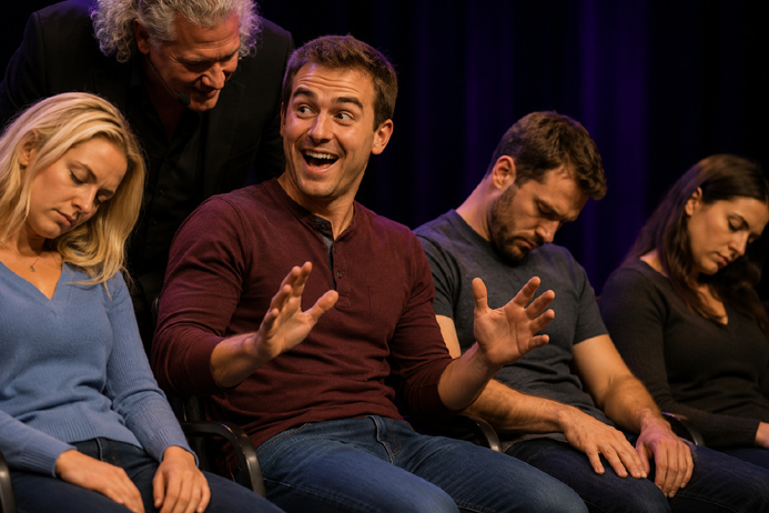 Stage hypnosis volunteer reacting with surprise during a live performance while other participants remain hypnotized.