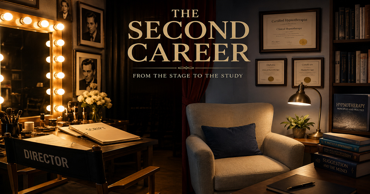 Celebrities who became hypnotists Hollywood dressing room transitioning into a professional hypnotherapy office, symbolizing a second career in hypnosis.