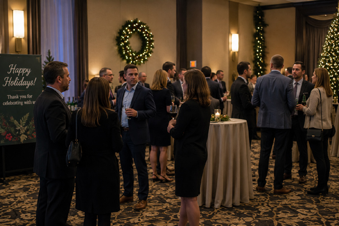Corporate holiday party guests standing in small groups during the opening minutes of a Christmas Party Planning event before activities begin