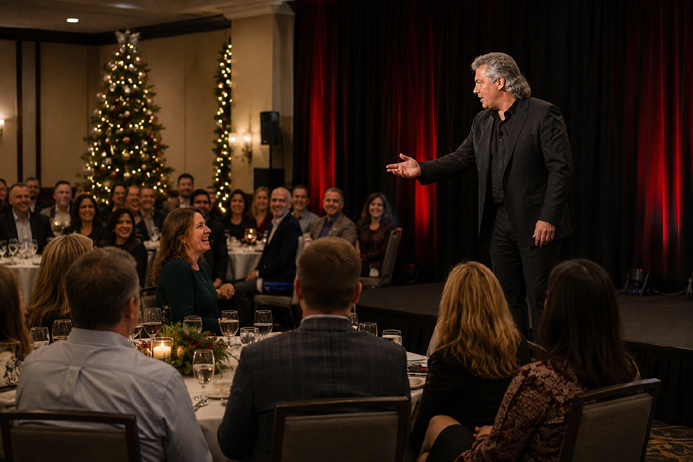 Christmas Party Planning event featuring live holiday entertainment as guests enjoy a corporate Christmas celebration in a banquet setting