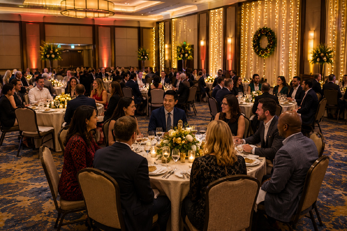 Formally set round banquet table with every seat occupied, representing the mixed audience challenge of corporate holiday party entertainment