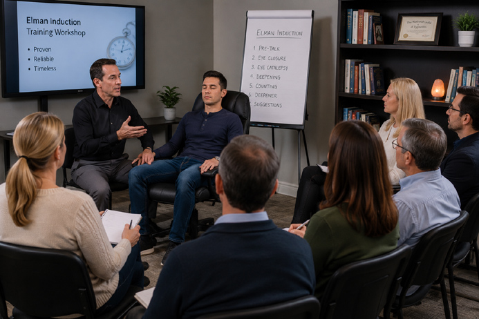 Professional hypnosis students observing an Elman Induction training demonstration.