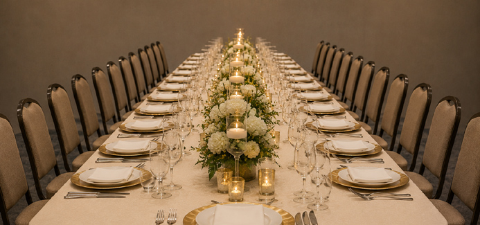 Long formally set banquet table viewed from one end with every chair empty, representing the lasting final impression of corporate holiday party entertainment
