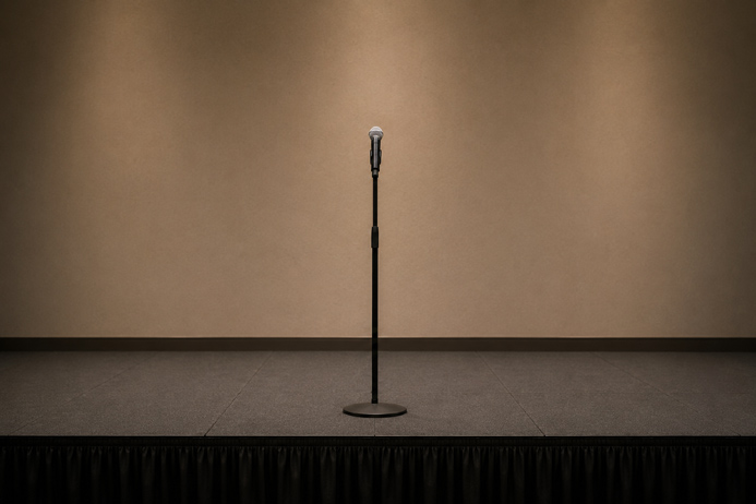 Single podium microphone centered on a bare empty stage representing the critical timing decisions behind corporate holiday party entertainment
