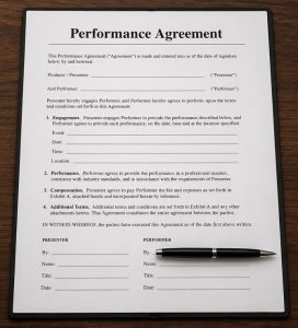 Open contract document on a desk with a pen across the signature line, representing the steps that follow when planners book entertainment for an event