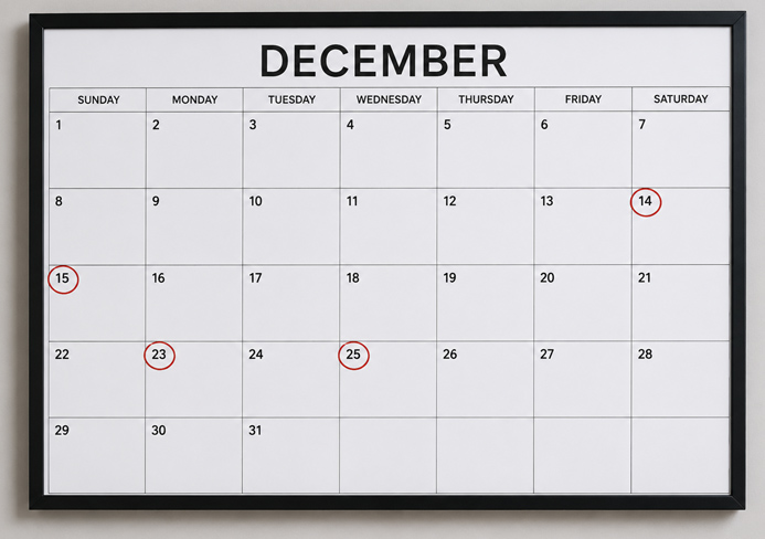 Wall calendar with circled dates representing popular booking periods when planners book entertainment for an event