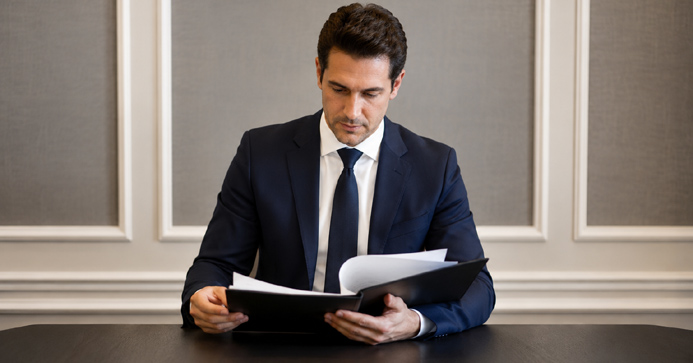 Male event planner reviewing documents at a conference table while booking entertainment for events