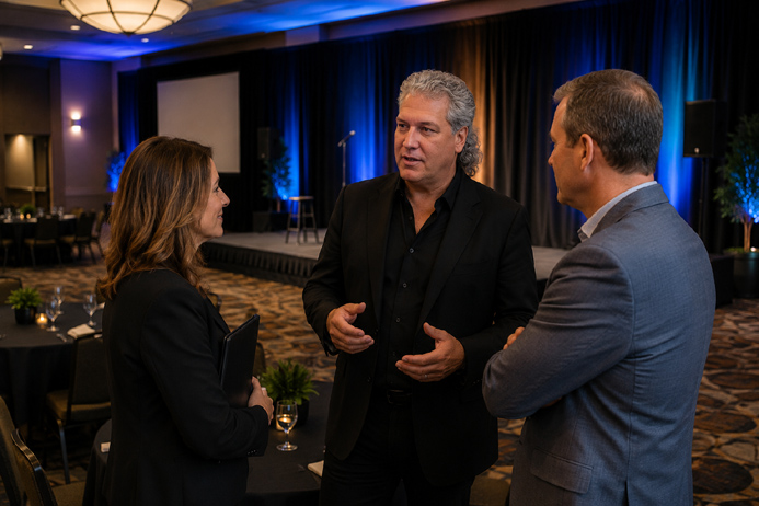 Entertainer speaking with event organizers before a banquet event