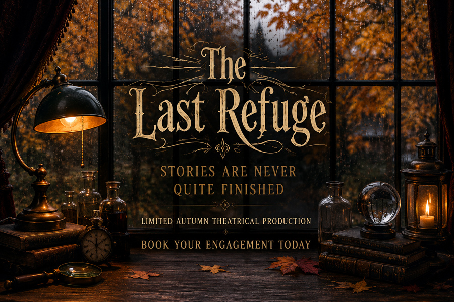 Promotional banner for The Last Refuge featuring rain-speckled windows, autumn foliage, antique objects, and the production's seasonal theatrical atmosphere.