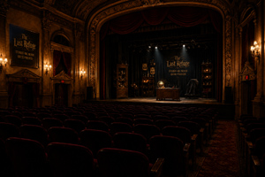 The stage setting for The Last Refuge inside a historic theater, showcasing the intimate theatrical environment designed for the production.