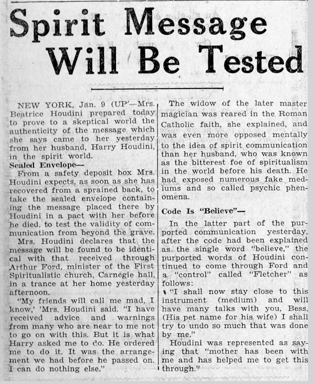 New York World newspaper coverage from January 9 confirming the Arthur Ford séance message