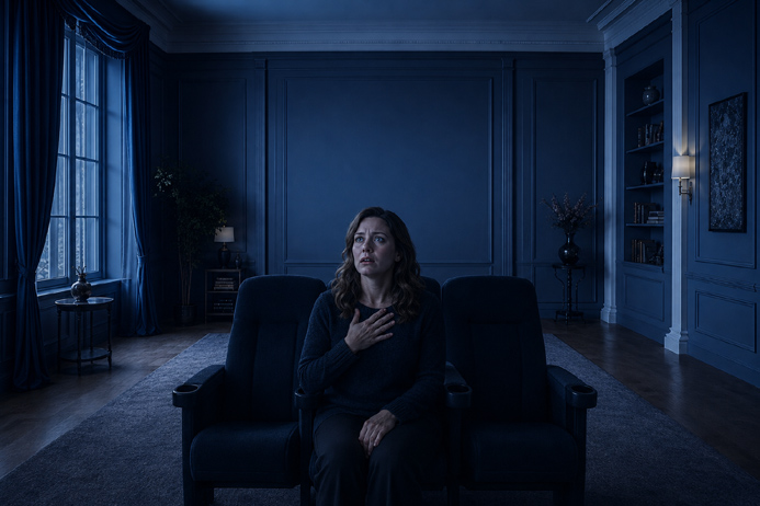 Woman alone in theater seat hand on chest showing the emotional vulnerability at the core of how psychic media sells certainty