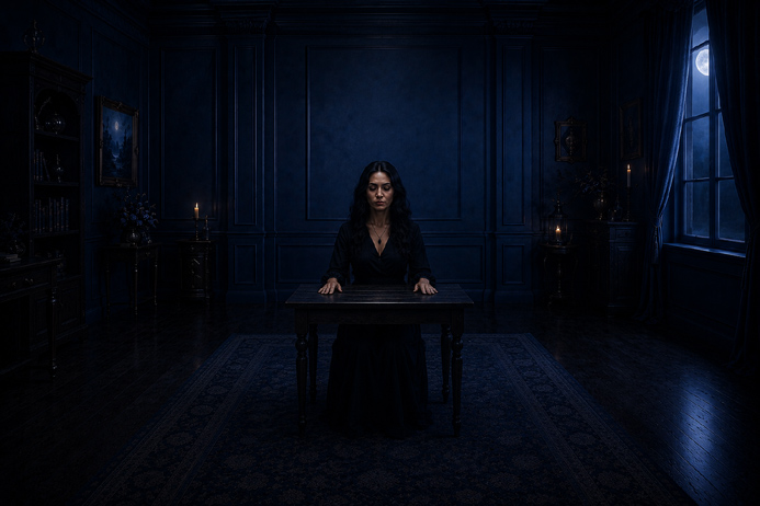 Woman seated at table with eyes closed showing how psychic practitioners teach through inner stillness