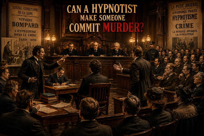 Historic nineteenth-century courtroom during a sensational hypnosis murder trial.