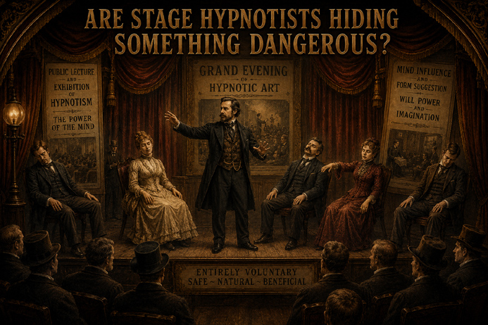 Victorian stage hypnosis performance during a public theater exhibition.
