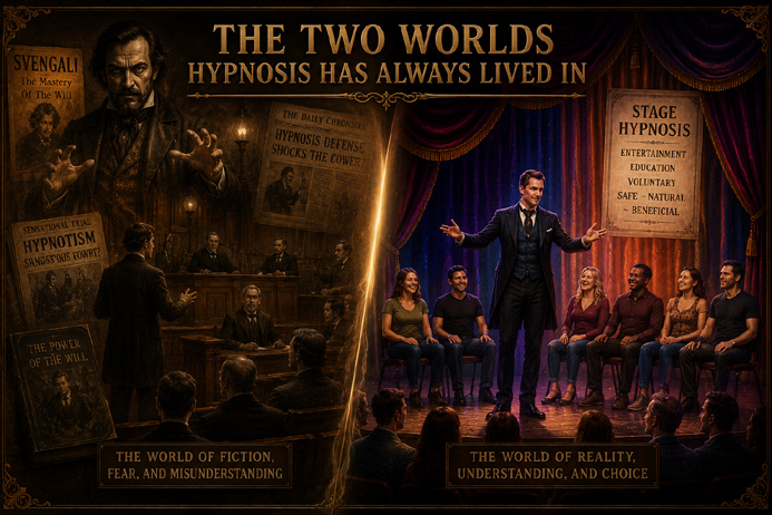 Split illustration comparing fictional hypnosis myths with the reality of stage hypnosis.