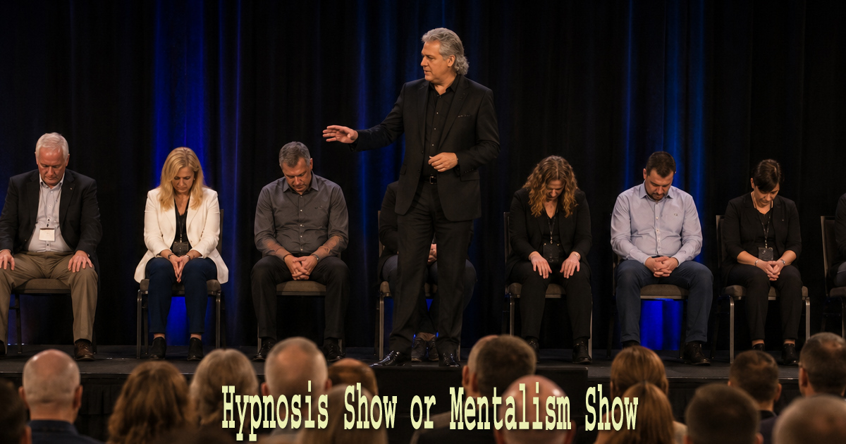Mike Lamp facing a seated audience, representing the choice between a hypnosis show or mentalism show