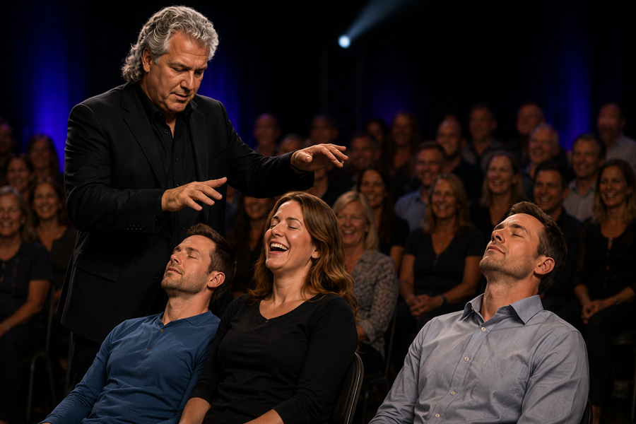 Mike Lamp working with audience volunteers during a live stage hypnosis performance.