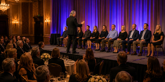 Group of volunteers responding to suggestion while hypnotized on stage during a comedy hypnosis show