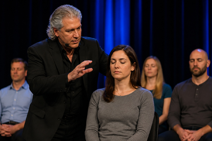 Volunteer participating in a focus exercise that demonstrates the difference between hypnotized vs daydreaming
