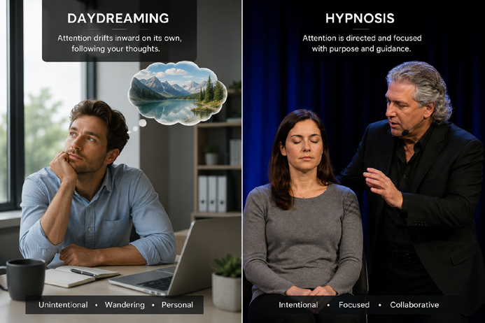 Visual comparison showing hypnotized vs daydreaming and the similarities between the two mental states