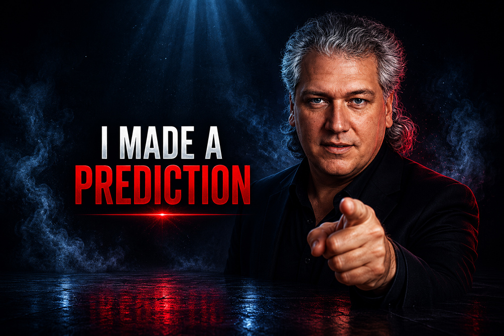 Mike Lamp points toward the viewer beside the words I Made a Prediction in a cinematic prediction-themed hero image