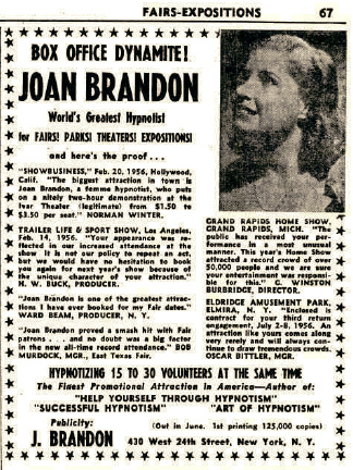 Joan Brandon Hypnotist Advertisement