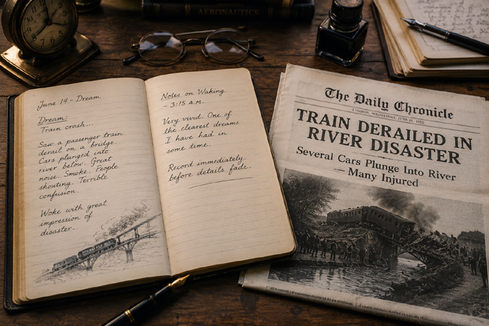 J. W. Dunne Dream Experiments compare a handwritten dream record with a later newspaper report describing the same event.