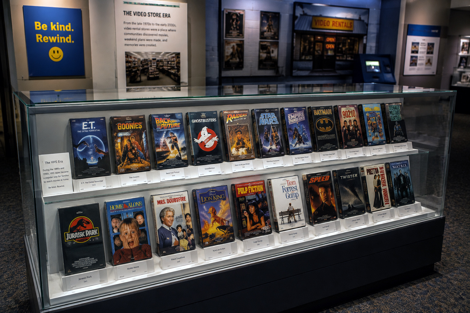 Rows of VHS tapes displayed behind glass like an exhibit in the last video store