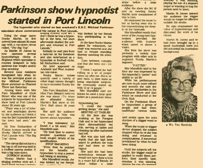 Newspaper Article on Martin St James Hypnotist