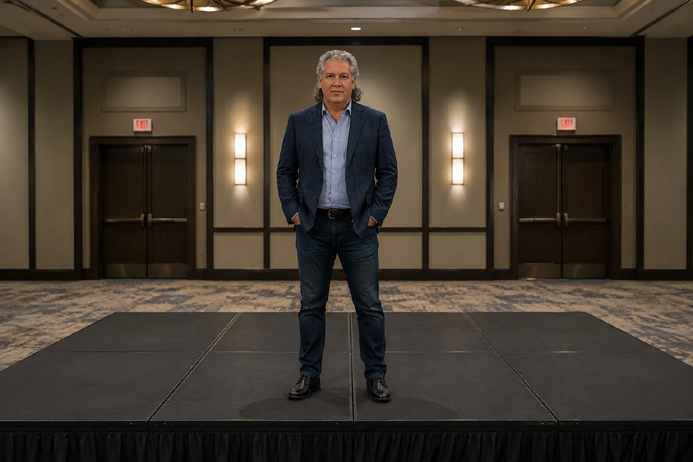 Mike Lamp standing alone on a bare stage in an empty banquet room, representing last-minute decisions to book entertainment for an event