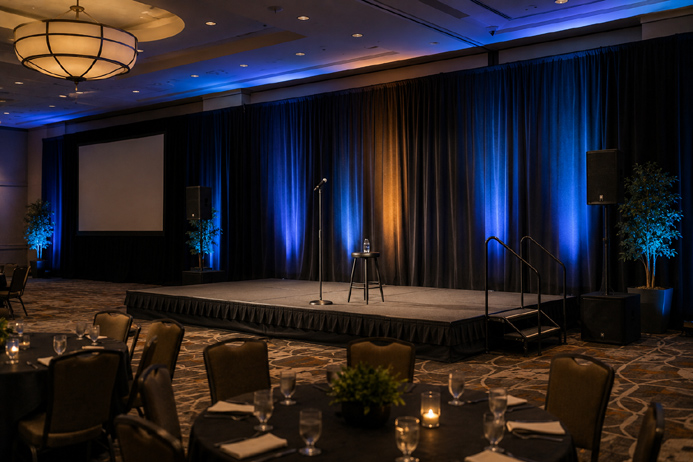 Prepared banquet room with an empty stage before guests arrive