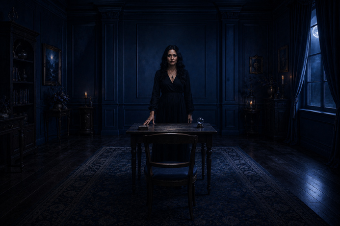 Woman standing at a table across from an empty seat representing a psychic student ready to conduct their first independent reading