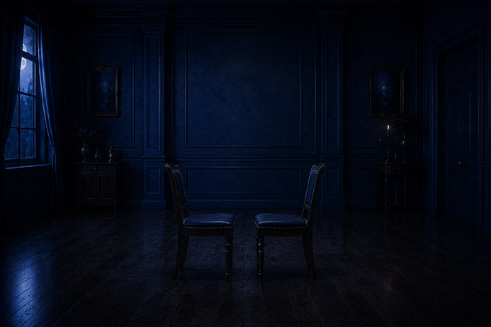 Two chairs facing each other in an empty room representing psychic teaching methods and one on one mentorship