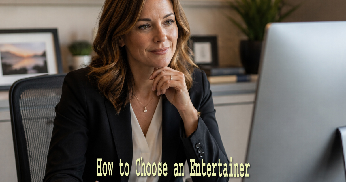 Learning how to choose an entertainer the Event planner researching entertainment options from an office desk