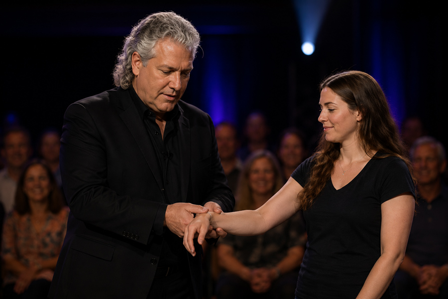 Mike Lamp interacting with a volunteer during a live mentalist and psychic entertainment demonstration.