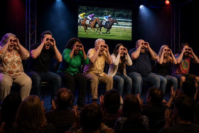 People on stage watching a horse race.