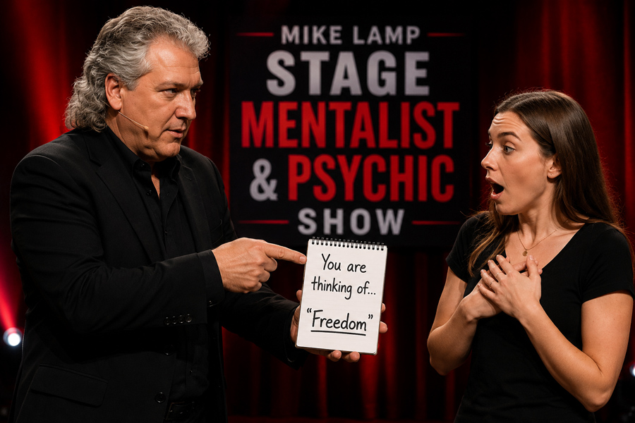 Mike Lamp revealing a participant's thought during a live stage mentalist and psychic show demonstration.