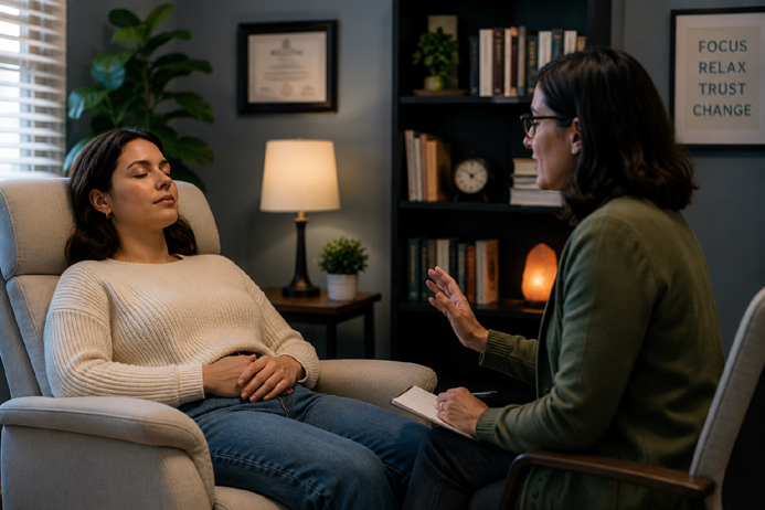 Client relaxing during a professional hypnotherapy session that demonstrates what a hypnotic state actually looks like.