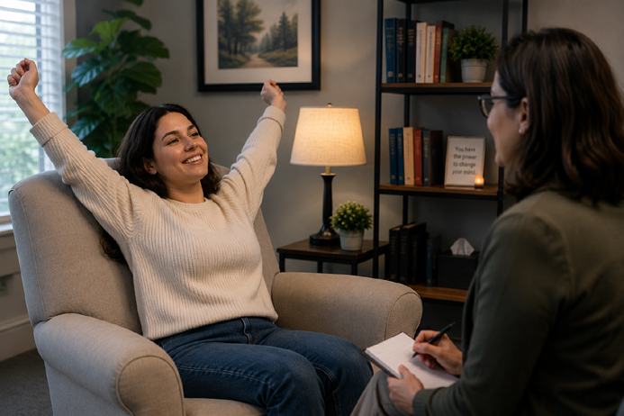 Client smiling and returning to full awareness after hypnosis, showing that people do not remain stuck in a hypnotic state.