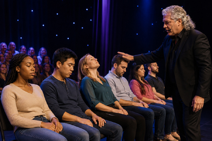 Professional stage hypnotist monitoring volunteers during a live performance to ensure a safe experience.