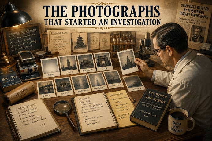 Researcher examining Ted Serios Polaroid photographs during a documented scientific investigation.