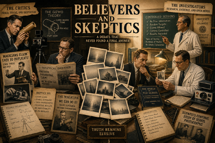 Illustration comparing skeptics and supporters debating the Ted Serios thought photography case.