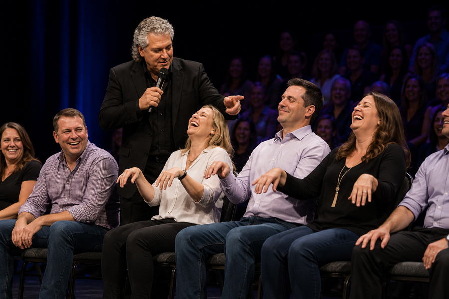 Volunteers participating in Mike Lamp's live stage hypnosis show during an audience interaction routine.