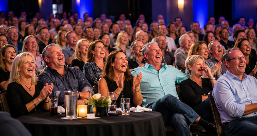 Audience members enjoying Mike Lamp's live stage hypnosis show during a corporate banquet and special event performance.