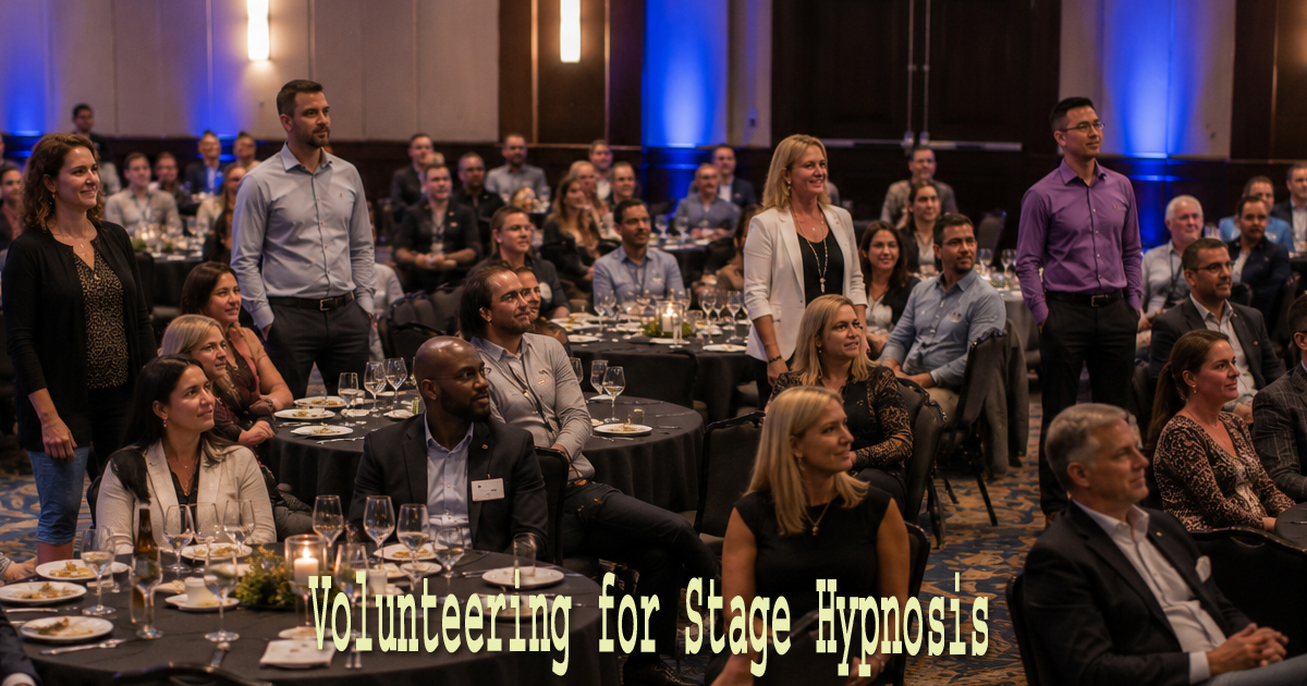 Employees standing from their banquet tables before volunteering for stage hypnosis at a corporate event.